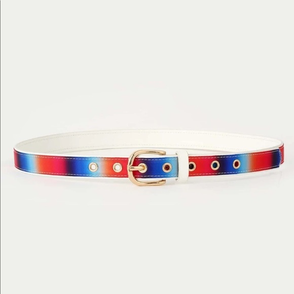 🌻 NEW Vegan Leather White & Rainbow Colorblock Buckle Belt - Picture 4 of 6
